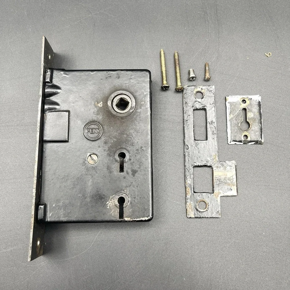 Vintage Penn Rim Lock Mortise Door Lock Set Black Iron Skeleton Key Lock